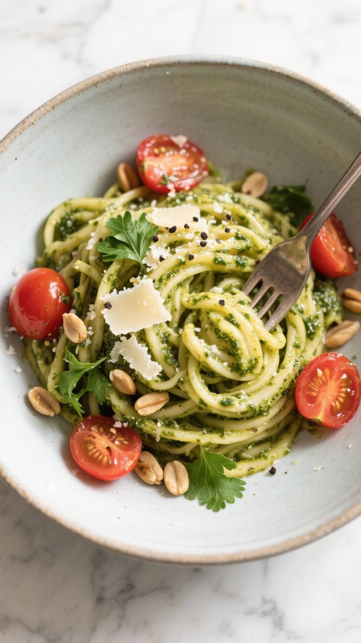 Tasty top view: Overhead bowl of spaghetti squash strands tossed with pesto, cherry tomato halves, a