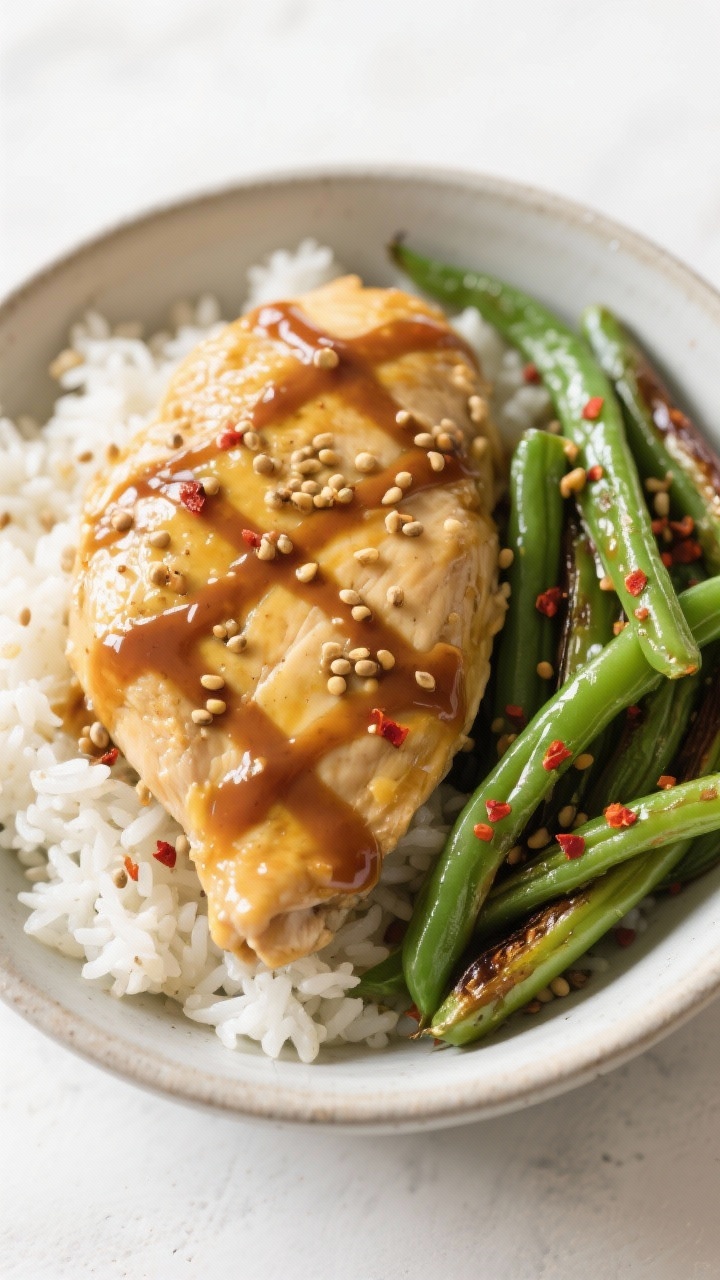 Tasty top view: Overhead bowl shot of Sweet Maple Mustard Chicken served with fluffy white rice and 