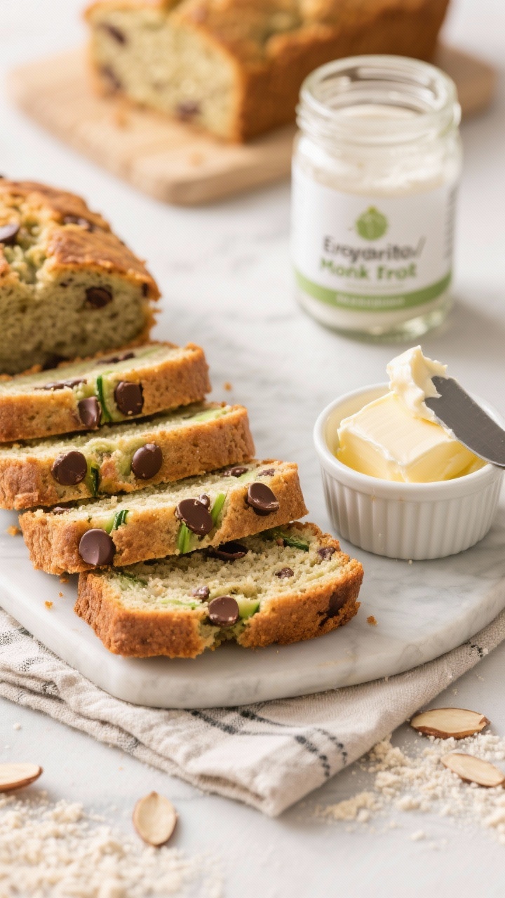 Tasty top view: Overhead breakfast scene featuring several neatly arranged slices of keto zucchini b