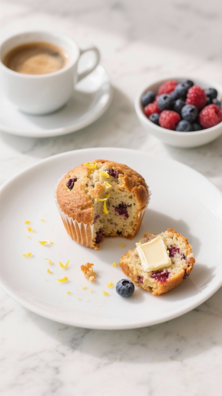 Tasty top view: Overhead breakfast scene with a single muffin sliced and buttered on a white plate, 