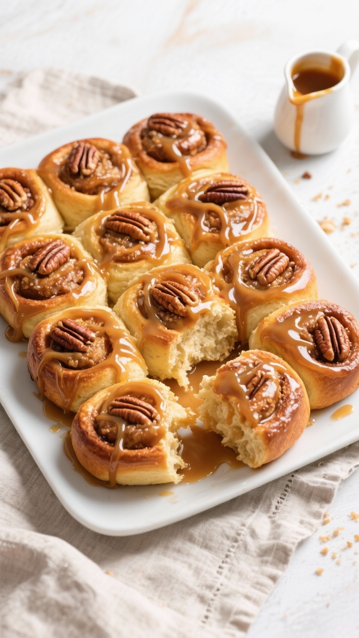 Tasty top view: Overhead brunch scene featuring a platter of inverted caramel pecan sticky buns arra