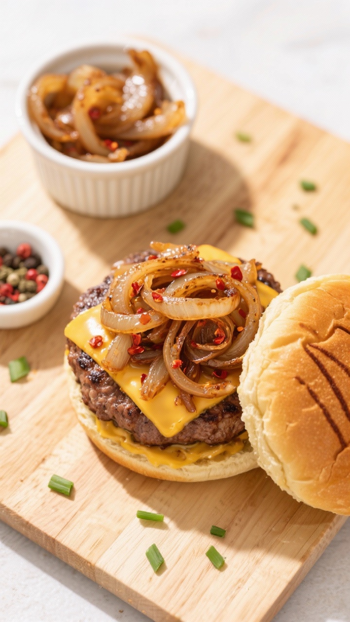 Tasty top view: Overhead burger board featuring a juicy burger crowned with a generous tangle of swe