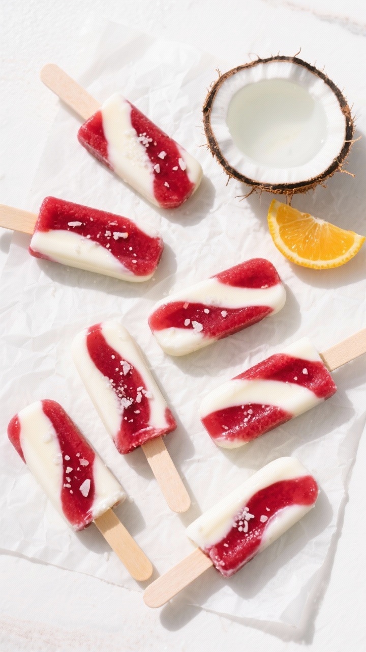 Tasty top view: Overhead composition of Yogurt Ripple Pops arranged on parchment, each pop showcasin