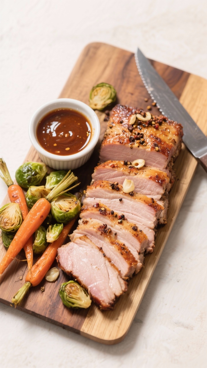 Tasty top view: Overhead family-style board with thick, juicy slices of pork loin arranged next to r