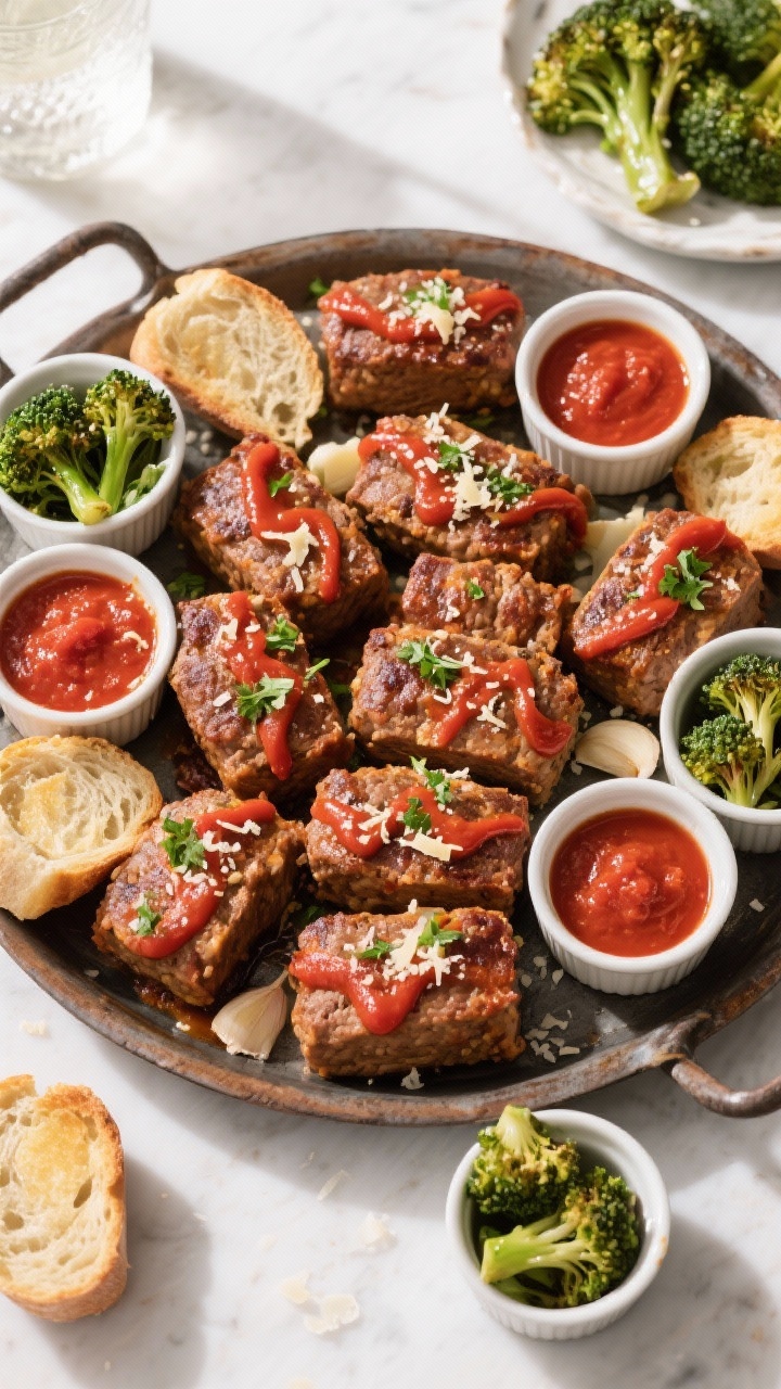 Tasty top view: Overhead family-style scene of a rustic platter piled with mini meatloaves, each top