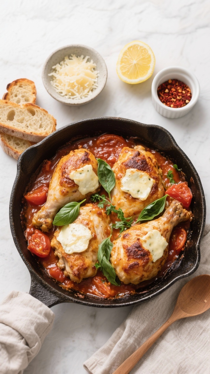 Tasty top view: Overhead family-style scene—skillet of finished Chicken Al Forno surrounded by sid
