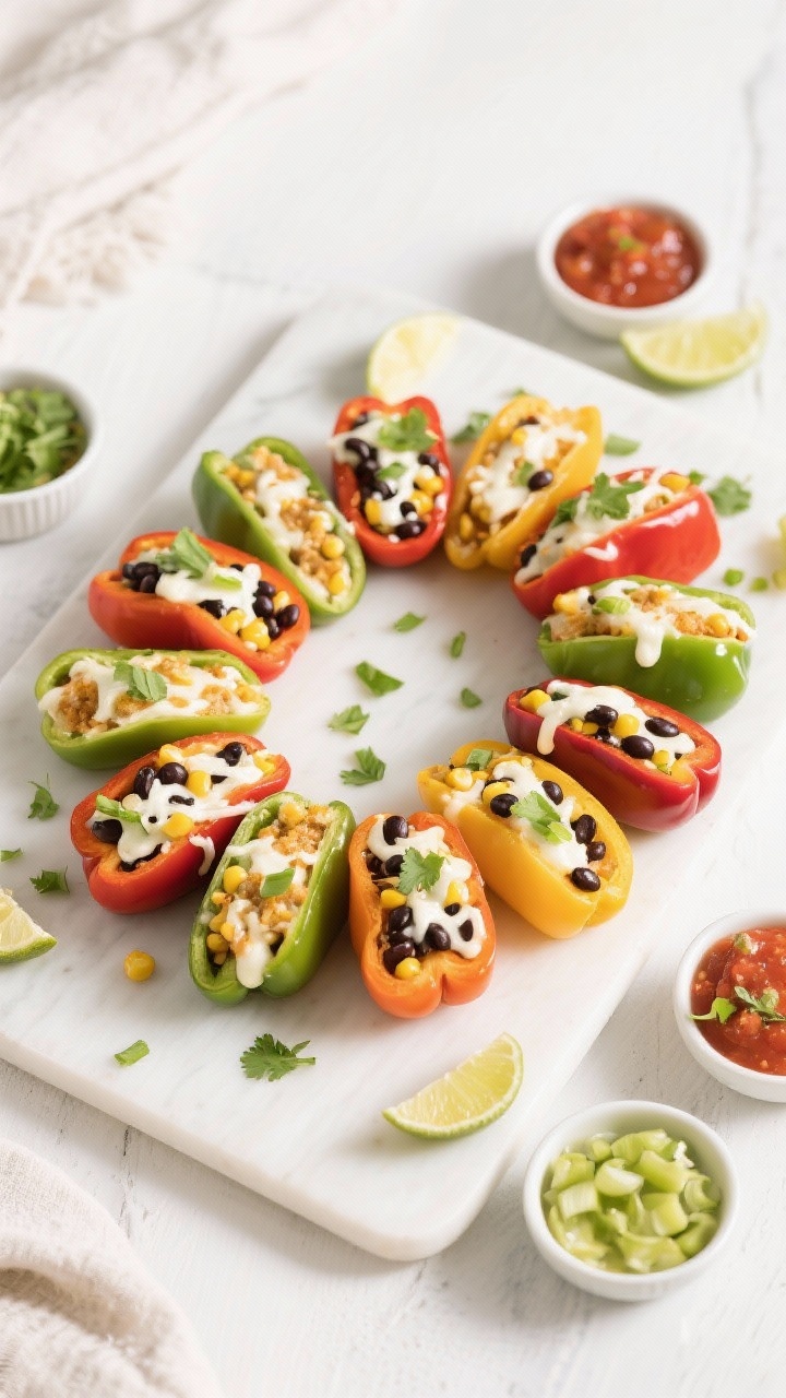 Tasty top view: Overhead family-style spread of mixed-color taco stuffed pepper rings arranged in a 