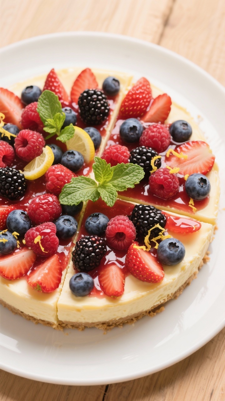 Tasty top view: Overhead final presentation of the whole cheesecake fully set, topped right before s