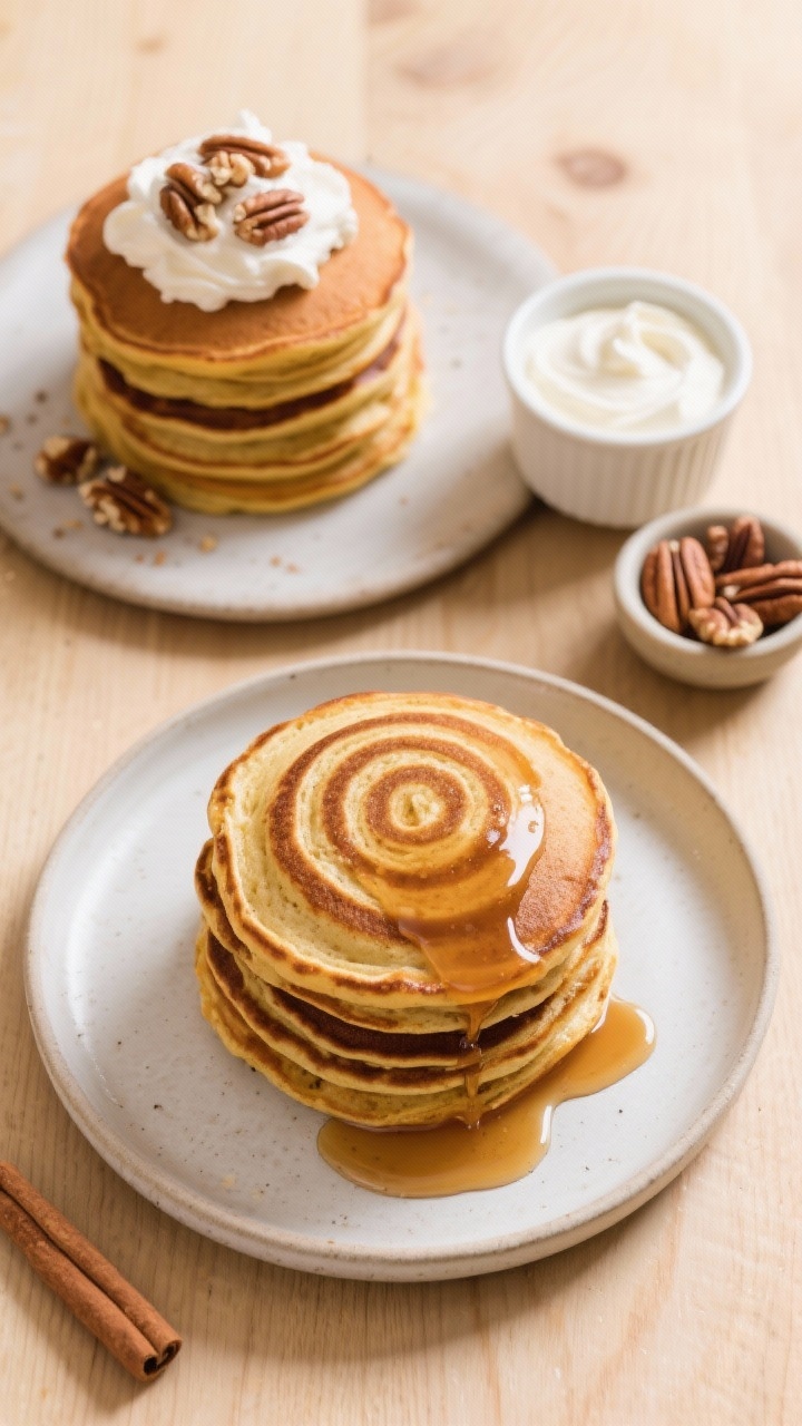 Tasty top view: Overhead flat-lay of a breakfast spread featuring two stacks of Pumpkin Roll Pancake