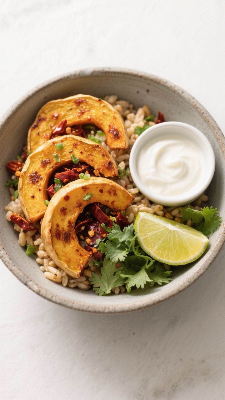 Tasty top view: Overhead grain bowl topped with Smoky Chili air-fried delicata half-moons, lime zest