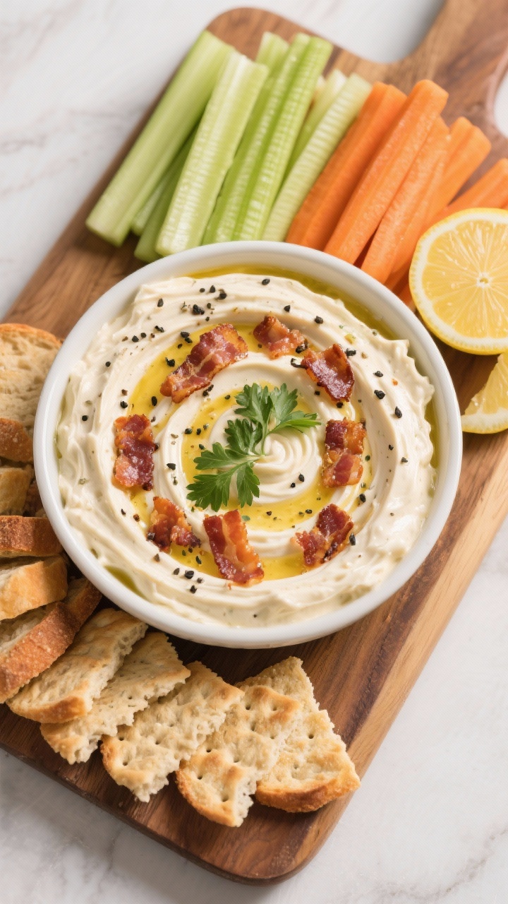 Tasty top view: Overhead grazing board scene featuring the warm Bacon Caesar Spinach Dip at center, 
