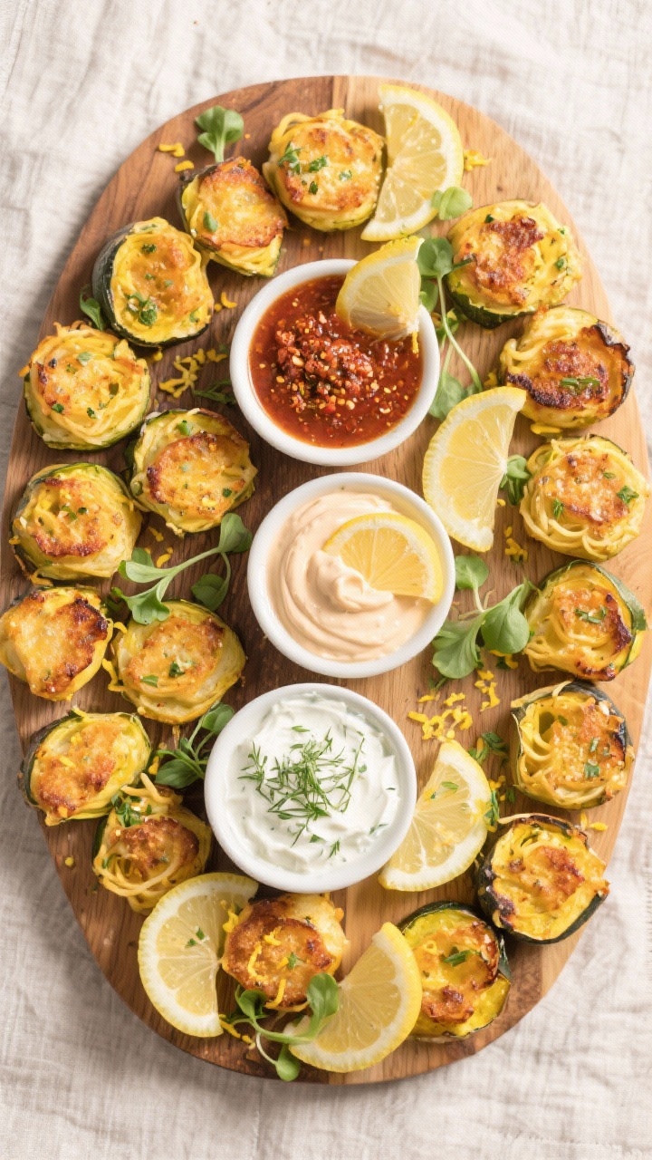 Tasty top view: Overhead grazing board-style spread of spaghetti squash bites arranged in a circular