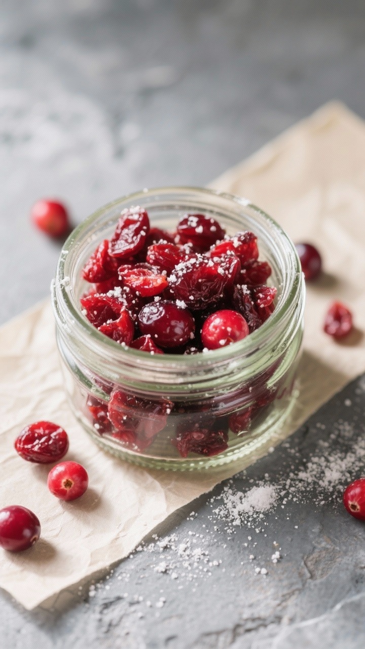 Tasty top view: Overhead hero of finished sugar-free dried cranberries in a wide-mouth glass jar, lo