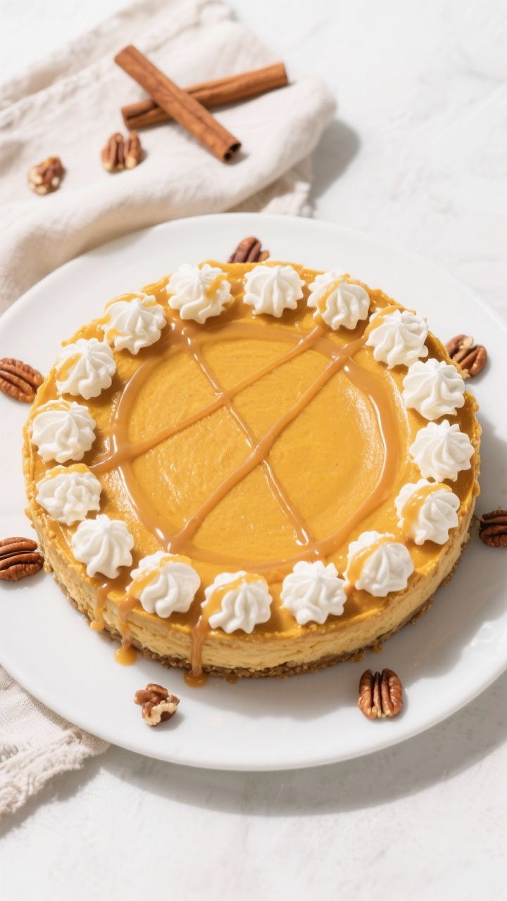 Tasty top view: Overhead hero of the fully chilled pumpkin cheesecake on a white platter, even golde