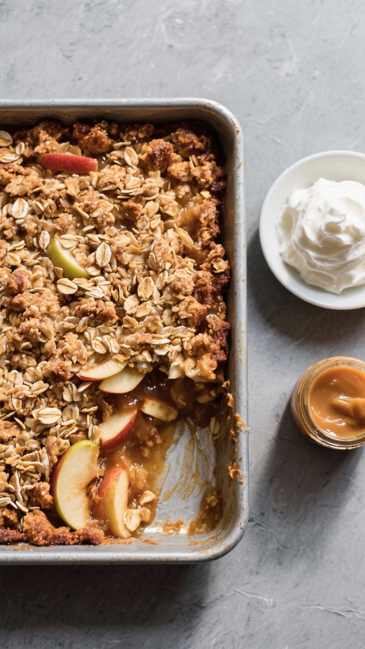 Tasty top view: Overhead hero shot of a 9x13 pan of finished apple crisp with a corner scooped out t
