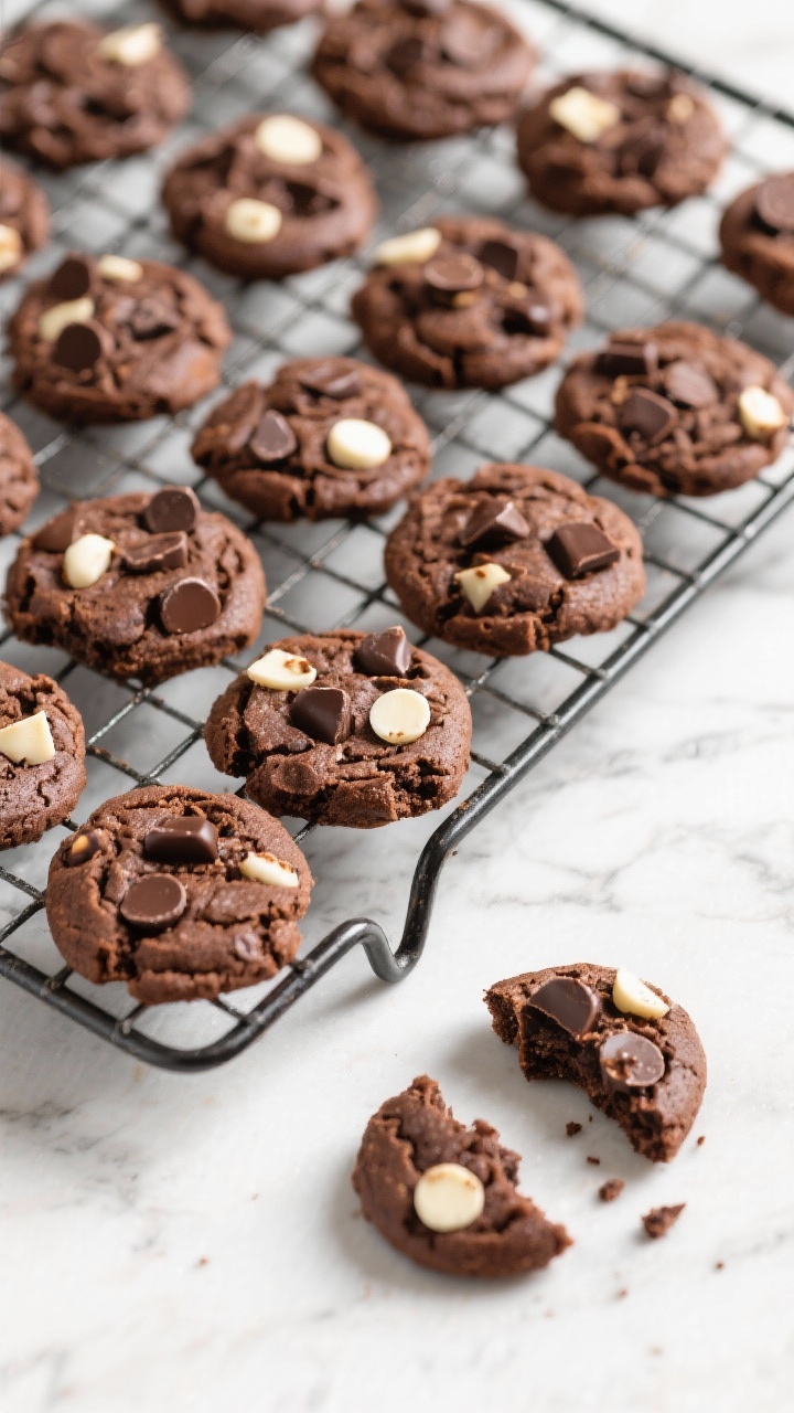 Tasty top view: Overhead hero shot of a cooling rack filled with finished triple chocolate cookies,