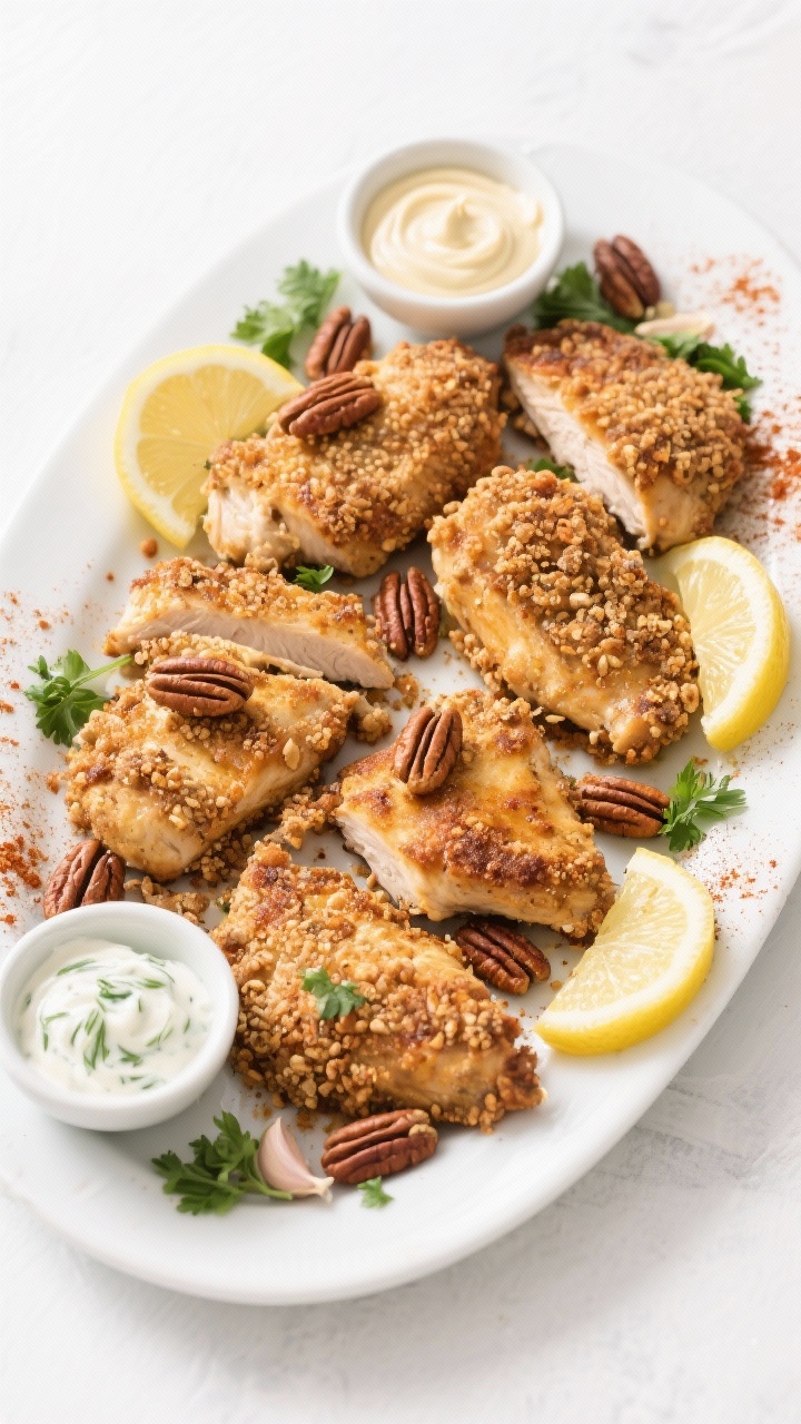 Tasty top view: Overhead hero shot of a family-style platter with multiple pecan-crusted chicken cut