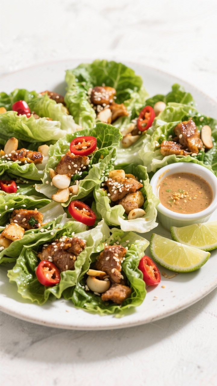 Tasty top view: Overhead hero shot of a platter piled with finished lettuce wraps in mixed textures 