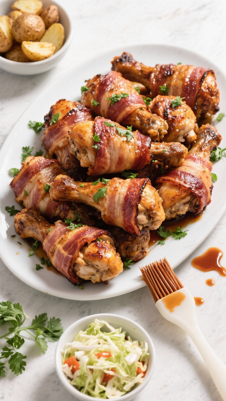 Tasty top view: Overhead hero shot of a serving platter piled with bacon-wrapped chicken legs cooked