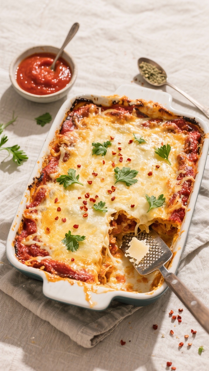 Tasty top view: Overhead hero shot of the baked casserole in the dish with a missing corner piece, r