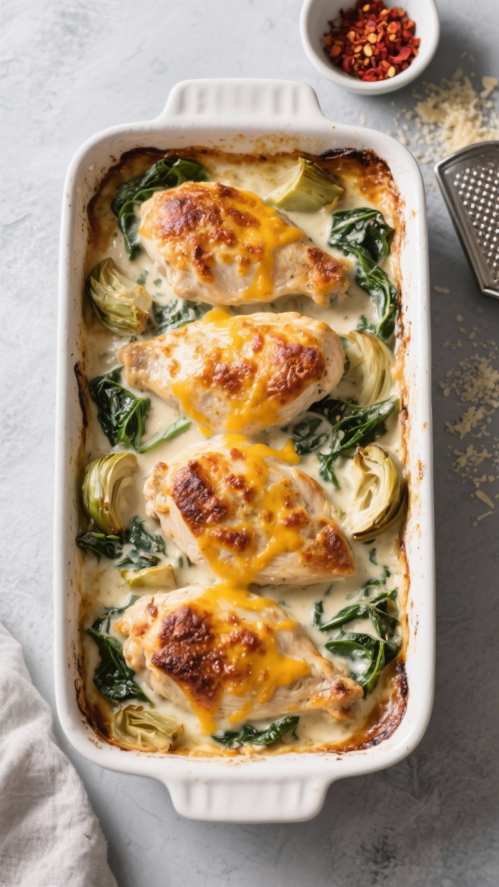 Tasty top view: Overhead hero shot of the baked dish straight from the oven, four chicken breasts ne