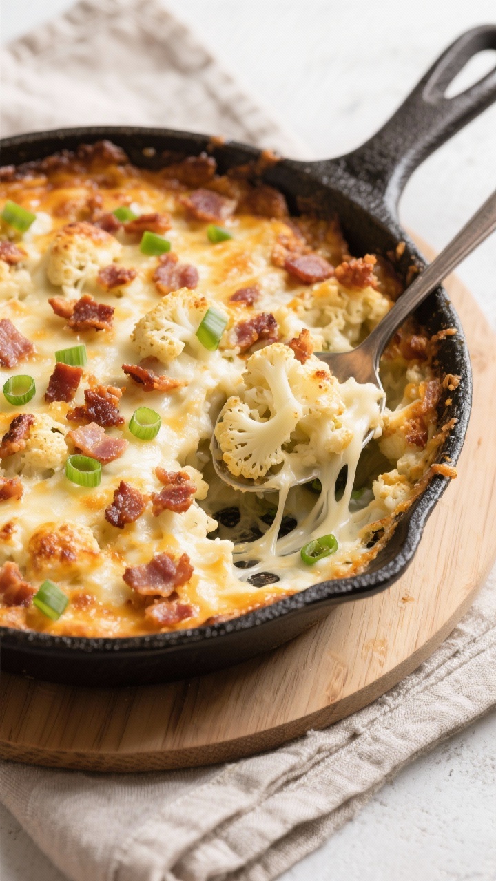 Tasty top view: Overhead hero shot of the fully baked casserole in a cast-iron skillet, cheese melte