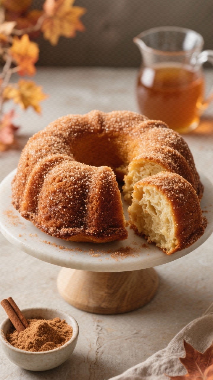 Tasty top view: Overhead hero shot of the whole apple cider donut bundt on a simple cake stand, full