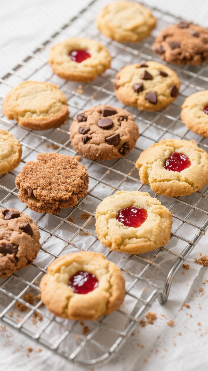 Tasty top view: Overhead image of a cooling rack filled with assorted variations—plain, cinnamon s