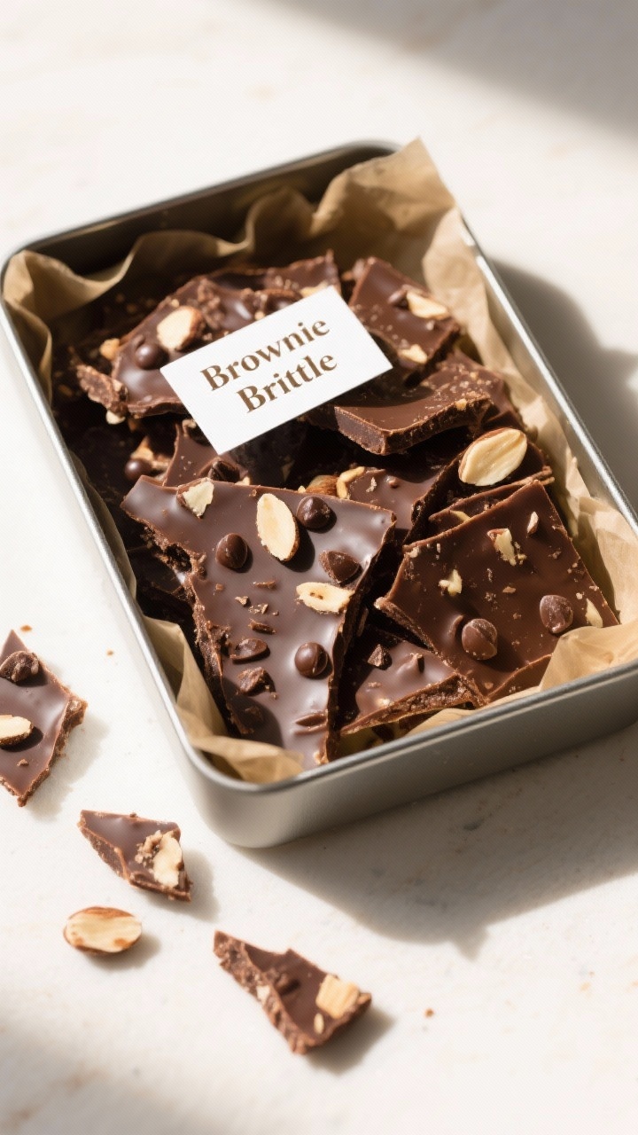 Tasty top view: Overhead image of giftable brownie brittle arranged in a parchment-lined tin, irregu