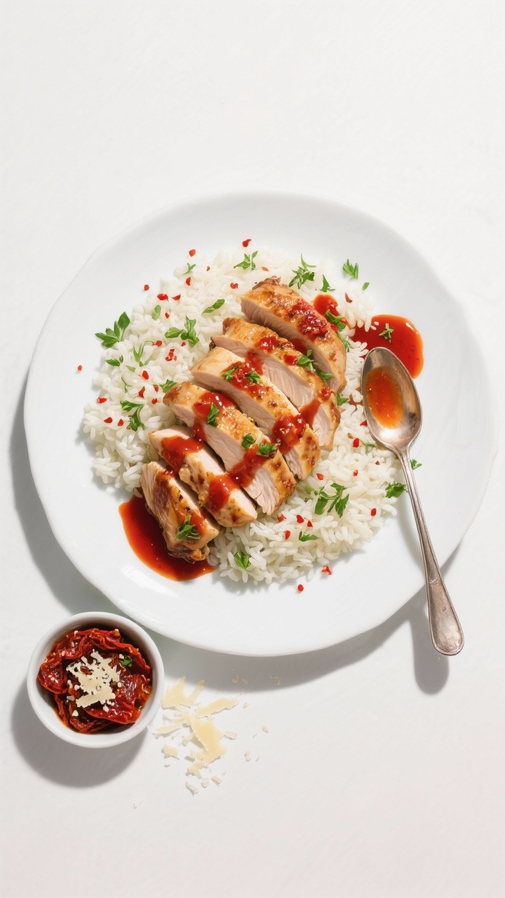 Tasty top view: Overhead image of sliced chicken thighs fanned over herbed rice, sauce spooned in ar