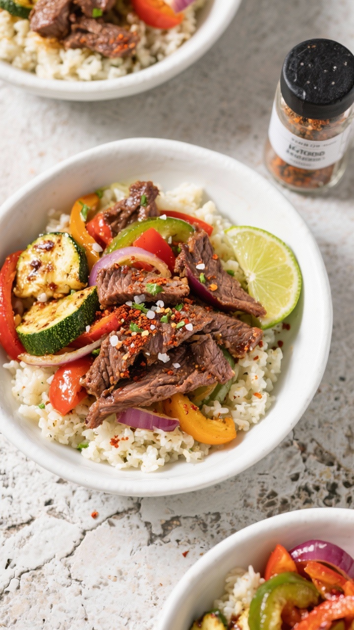 Tasty top view, overhead meal-prep and serving vibe: Overhead shot of assembled keto fajita bowls—