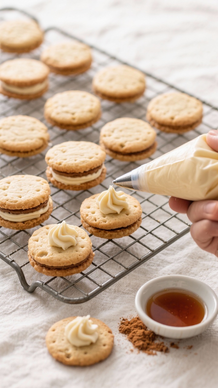 Tasty top view: Overhead of a cooling rack filled with matched cookie pairs and a piping bag fitted