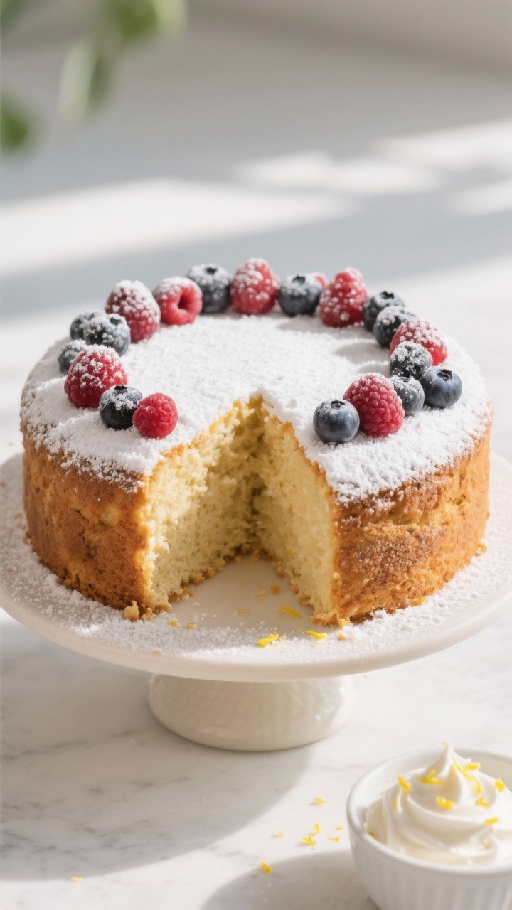 Tasty top view: Overhead of the whole cake on a simple cake stand, dusted evenly with sugar-free pow