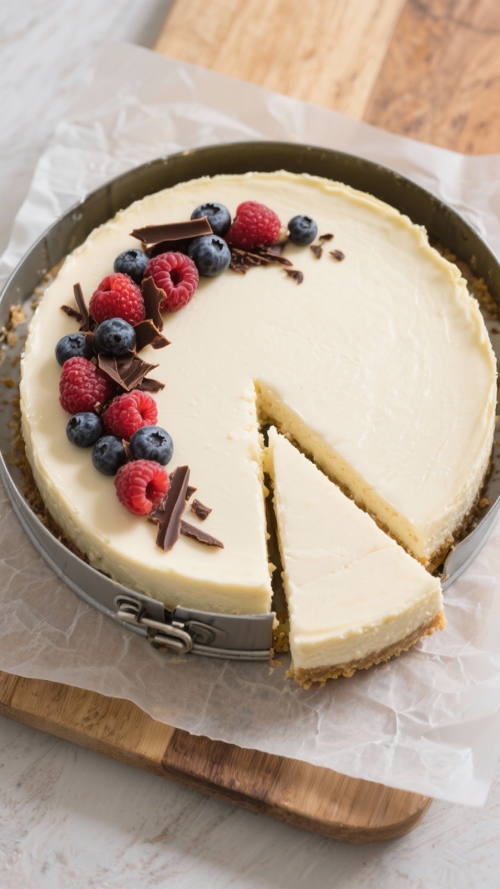 Tasty top view: Overhead of the whole chilled cheesecake on a parchment-lined board with the springf
