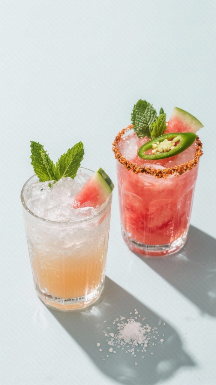 Tasty top view: Overhead party-ready scene with two variations side-by-side—classic vodka Watermel