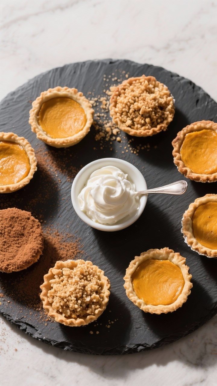 Tasty top view: Overhead platter of assorted mini pumpkin pies showing variations—plain, cinnamon-