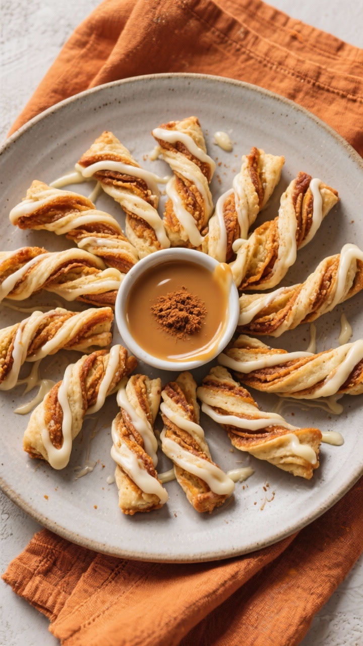Tasty top view: Overhead platter of finished Pumpkin Pie Twists arranged in a fanned circle on a mat