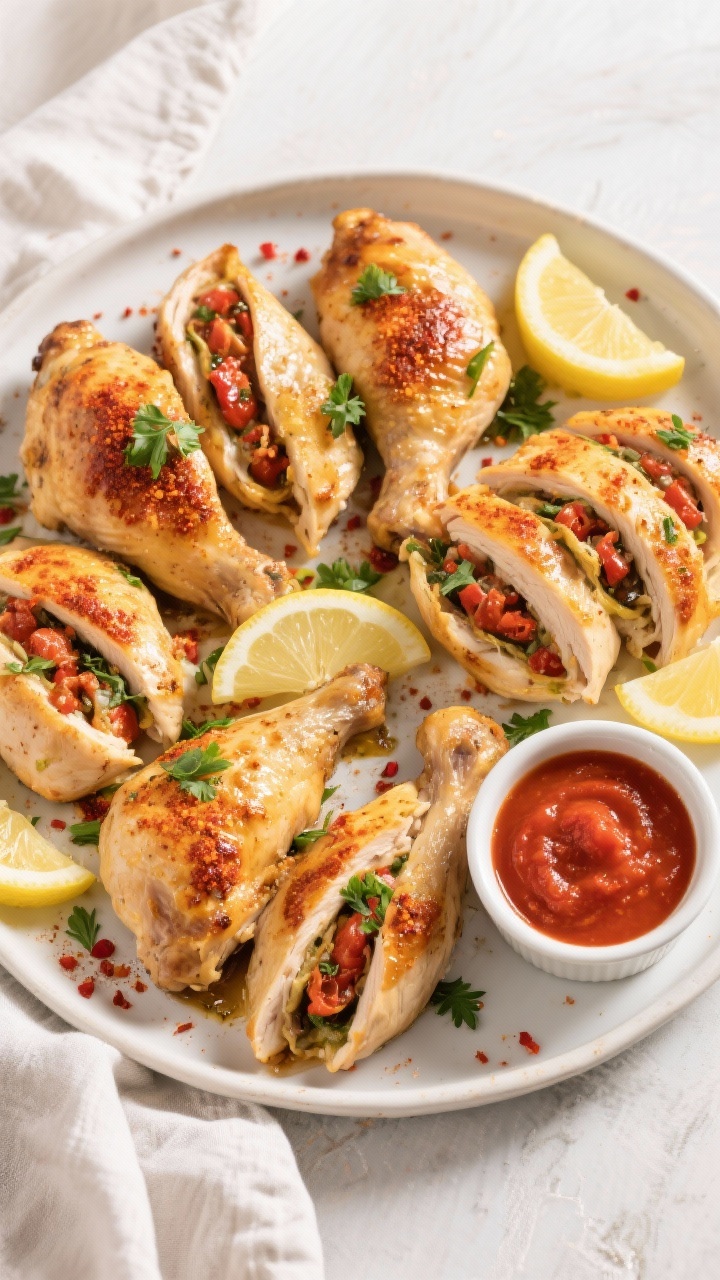 Tasty top view: Overhead platter of multiple stuffed chicken breasts post-bake, glossy and golden wi