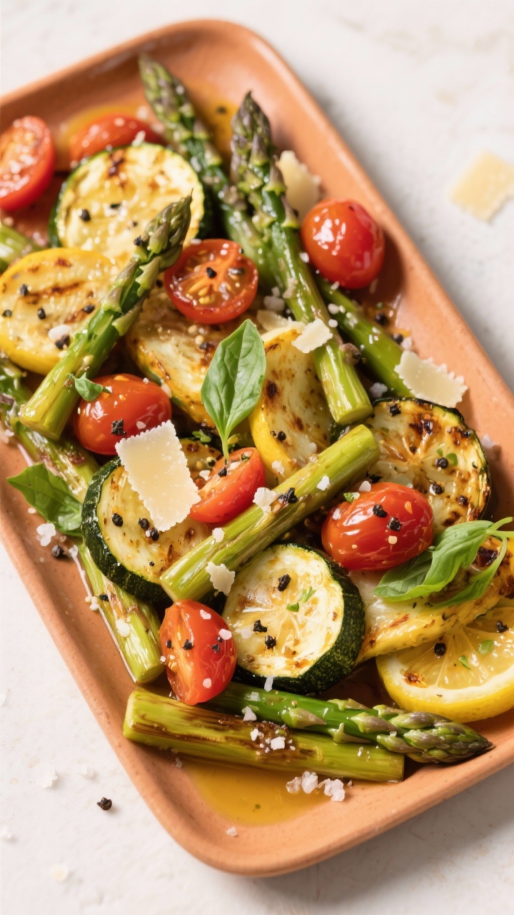 Tasty top view: Overhead platter of roasted summer vegetables (zucchini, asparagus, cherry tomatoes)