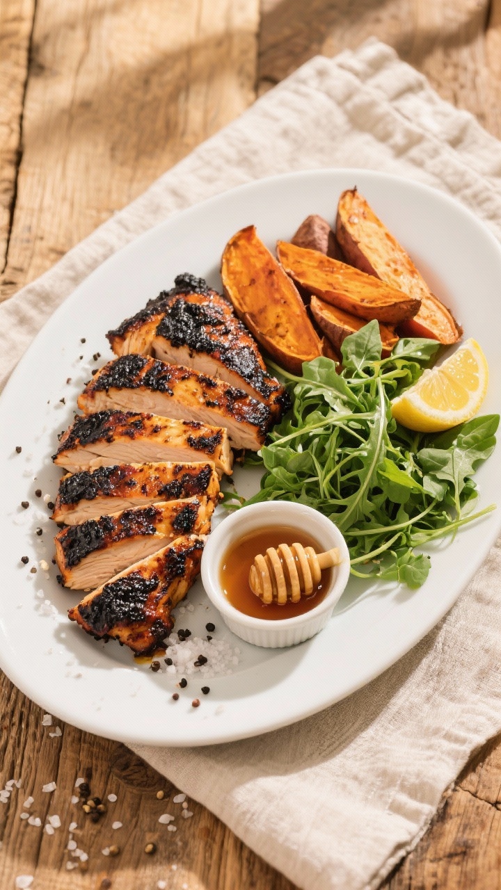 Tasty top view: Overhead platter of sliced blackened chicken thighs arranged fan-style to show juicy