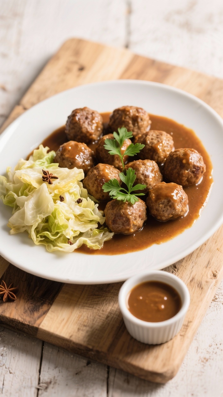 Tasty top view: Overhead platter of Swedish meatballs nestled in velvety gravy with a side of butter