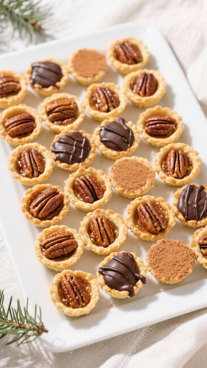 Tasty top view: Overhead platter shot of a full batch of pecan tassies arranged in a neat grid for a