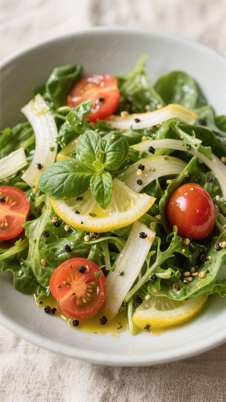 Tasty top view: Overhead salad bowl of tender mixed greens with thin-shaved fennel and ripe cherry t
