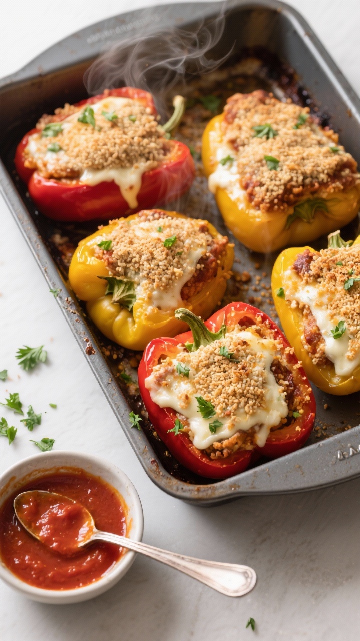 Tasty top view: Overhead serving scene of a baking dish just out of the oven with four Chicken Parm 
