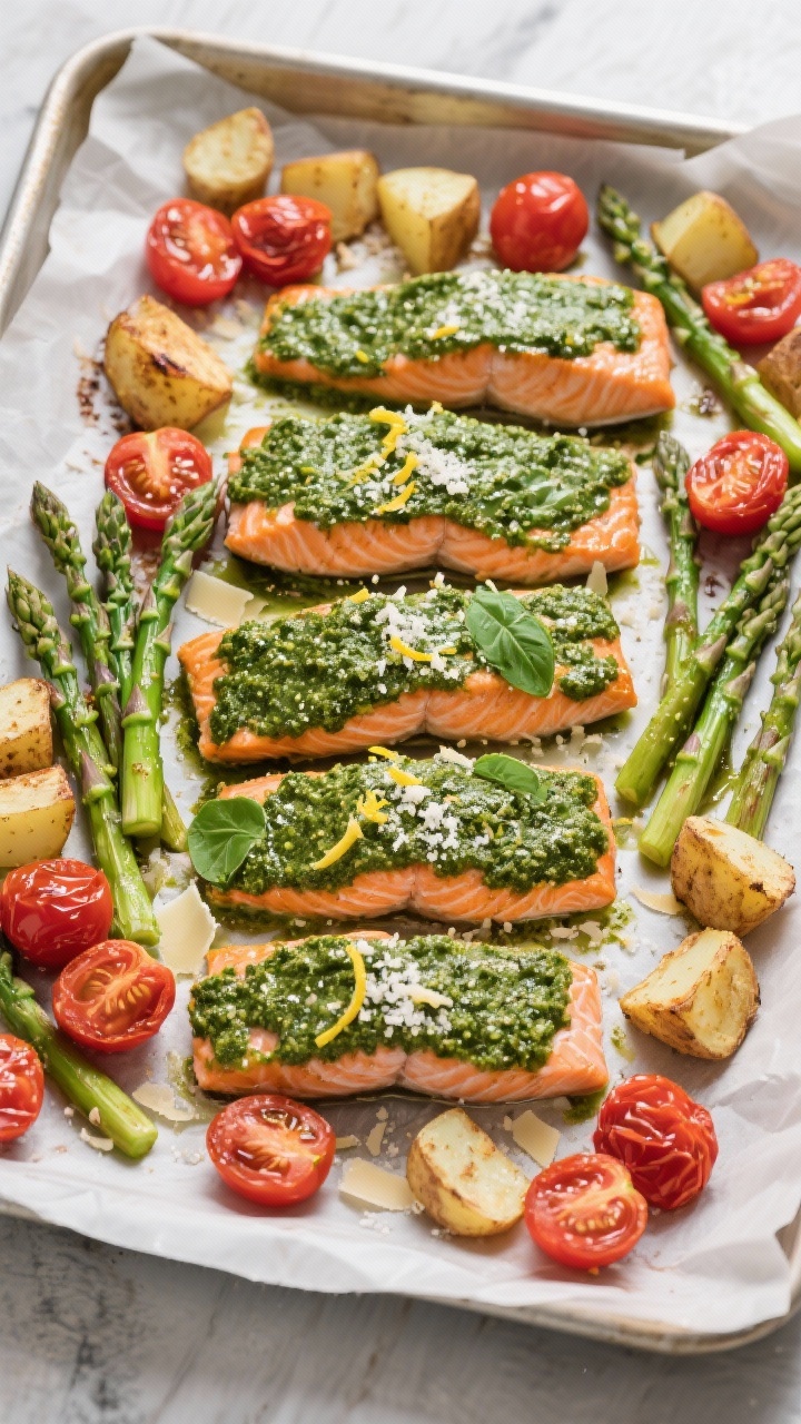 Tasty top view: Overhead sheet-pan dinner—four pesto-coated salmon fillets surrounded by blistered