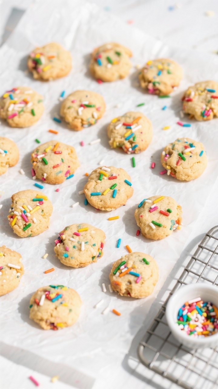 Tasty top view: Overhead shot of 12–16 Keto Funfetti Cookie Bites arranged in a loose grid on whit