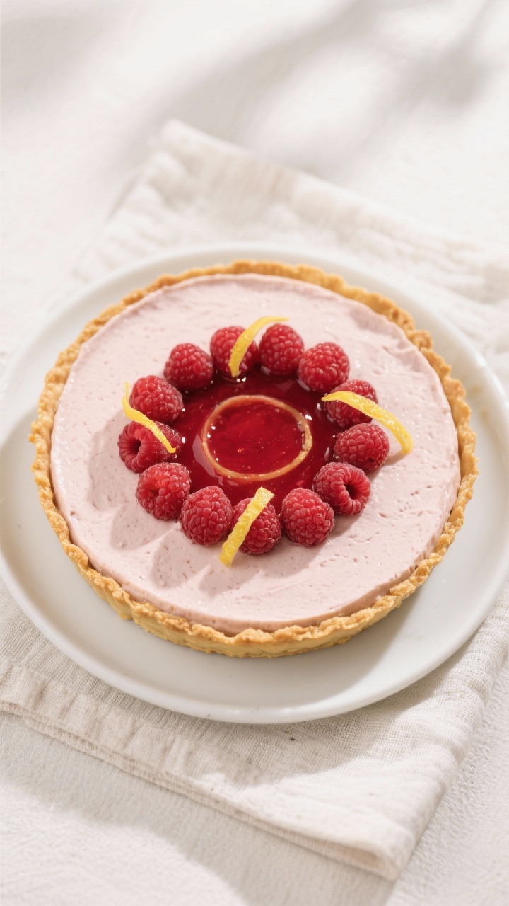 Tasty top view: Overhead shot of a 9-inch raspberry mousse tart set in a golden, crisp graham crust;