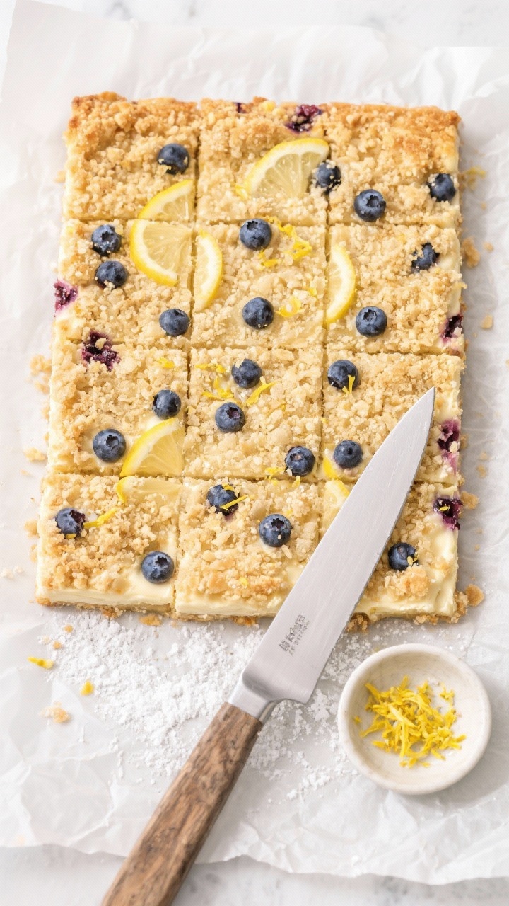 Tasty top view: Overhead shot of a 9x13 slab of fully baked Lemon Blueberry Cheesecake Crumb Bars on