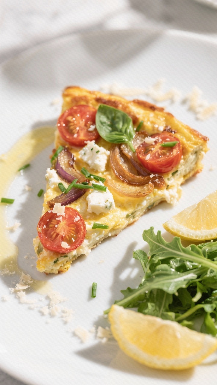 Tasty top view: Overhead shot of a baked frittata slice on a matte white plate, showcasing layers of