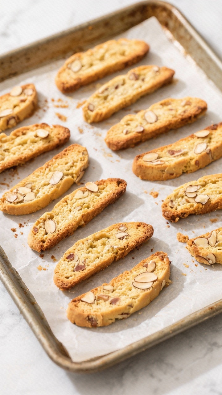 Tasty top view: Overhead shot of a baking sheet filled with biscotti in their second bake stage—sl